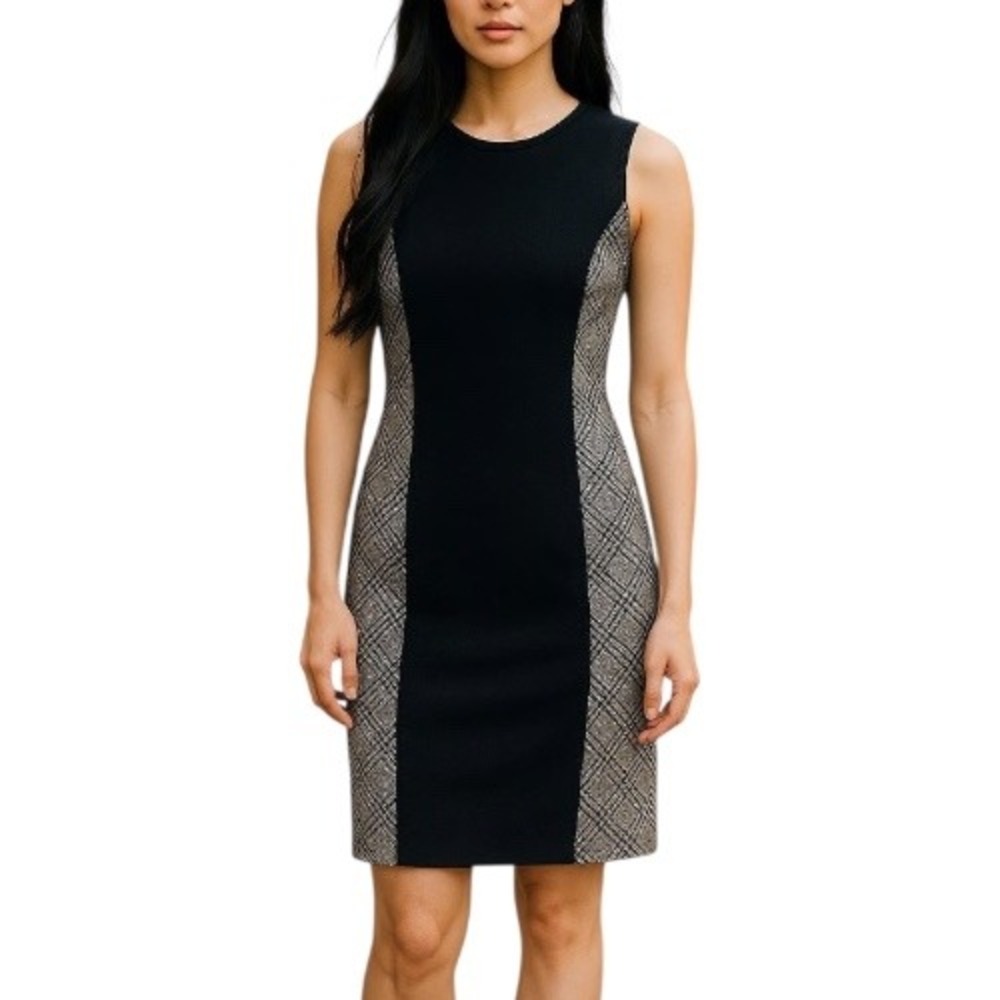 J McLaughlin Black Plaid Printed Panel Wool Cashmere Sheath Dress Size 12